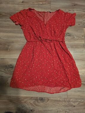Cotton on Red Floral Tie-Waist V-Neck Dress
